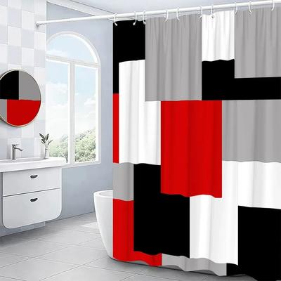 Cortinas de Ducha Modernas de Geometría 3D Set Rojo Naranja Gris Amarillo Enrejado Tela Accesorios de Baño Cortinas de Baño Negras y Grises