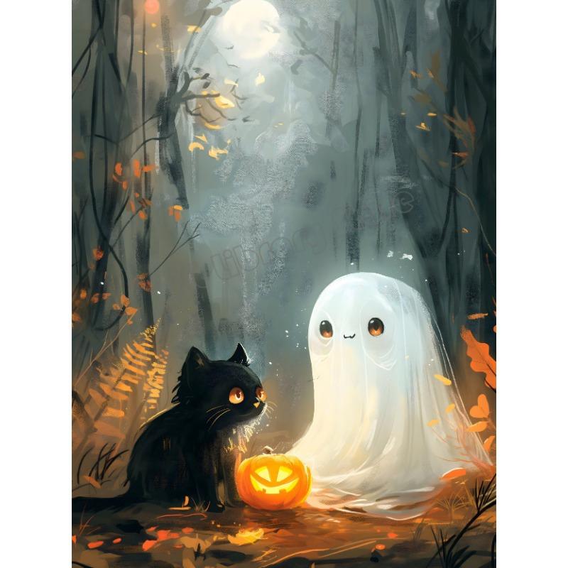 Spooky Halloween Town Folk Magical Forest Ghost Pumpkin Illustration Poster Canvas Painting Wall Pictures Holiday Home Decor