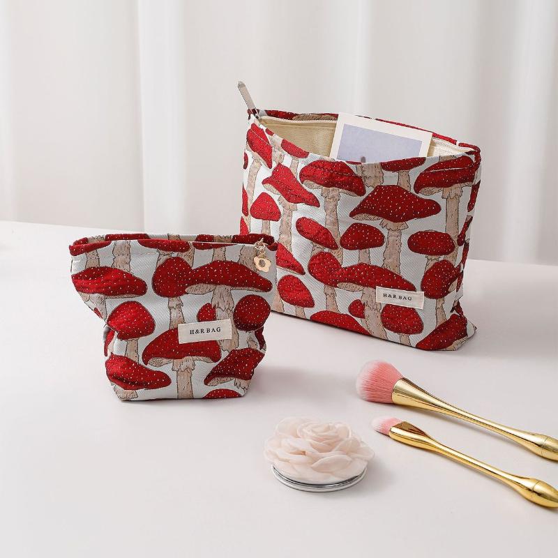 Retro Artistic Mushroom Jacquard Fabric Makeup Bag, Women'S Clutch Bag, Zippered Square Bag, Toiletry Bag