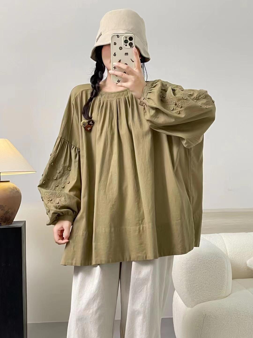 

Johnature Японский лес Женщины Весна Осень Вышитые рубашки с длинными рукавами Осень Свободные Женщины One Size хаки