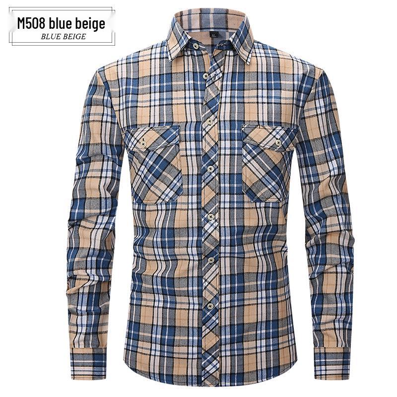 Lente Zomer Slim Fit Geborsteld Ruit High-End Lange Mouw Dubbele Zak Heren Flanellen Overhemd