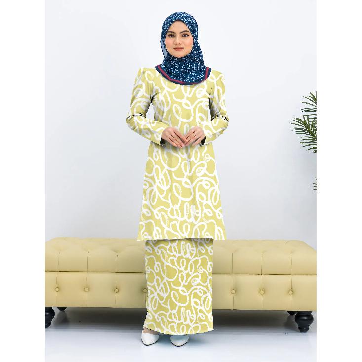 

Traditional clothing yellow floral line print stylish modern Kurang Pahang ladies Muslim suit comfortable and elegant ladies two piece suit 4XL чёрный