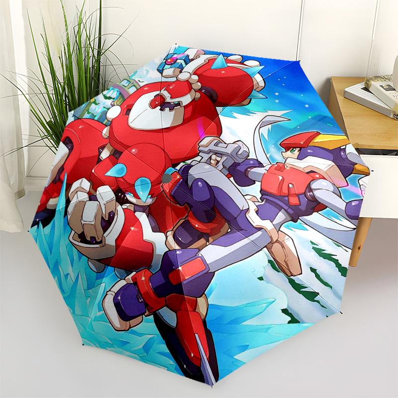 

1pc Megaman Red Rock & Blue Rock Automatic Folding Outdoor Umbrella - Portable 3-Fold Design with 8-Bone Iron Frame, Perfect for Outdoor Use, Fes