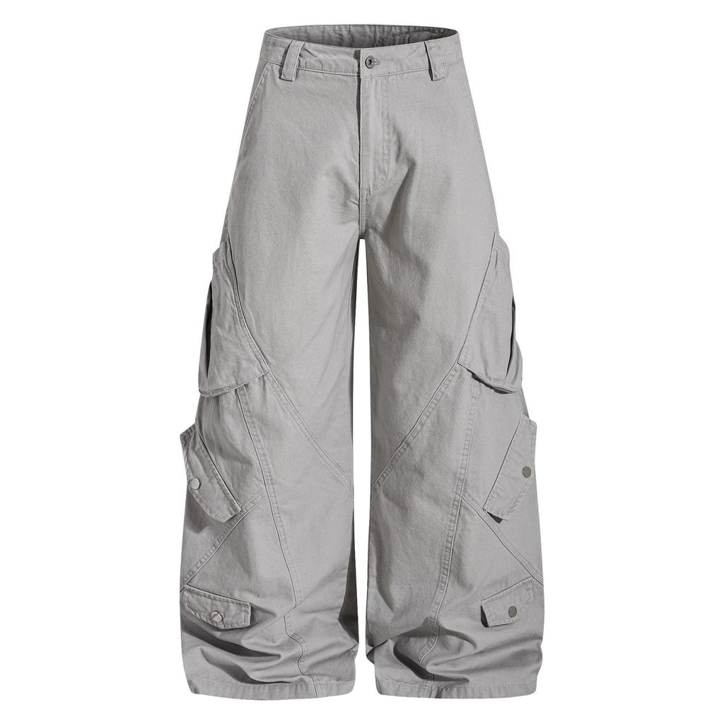 BeatStreet American Workwear Style Multi-Pocket Wide Leg Pants Loose Casual Deconstructed Design Men's Women's Trendy Trousers