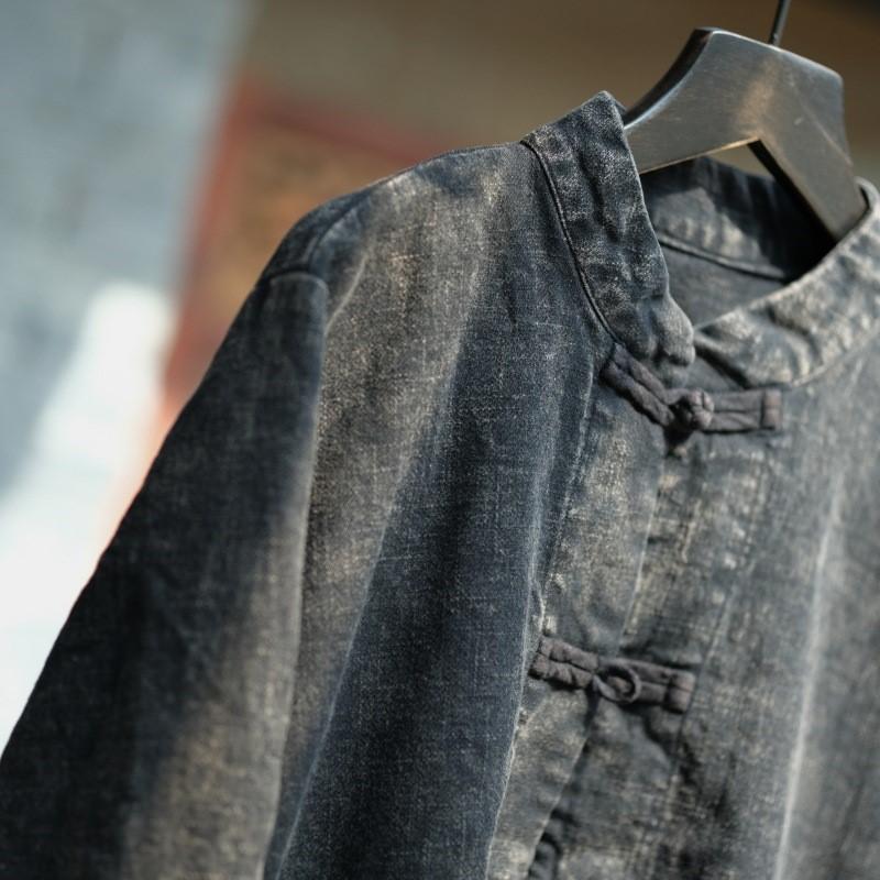 Johnature Herbst Frau Vintage Kragen Chinesischen Stil Disc Schnalle Hemd Baumwolle Lange Ärmel Einfarbig Distress Shirt