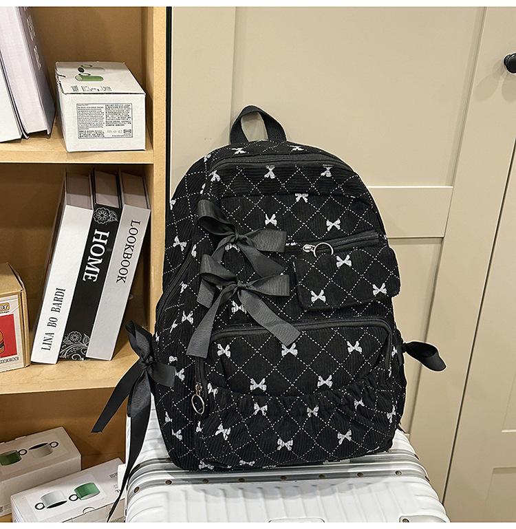 New Corduroy Casual Cute Fashion Versatile Bow Stripe Backpack Korean Style High Appearance Student Bookbag