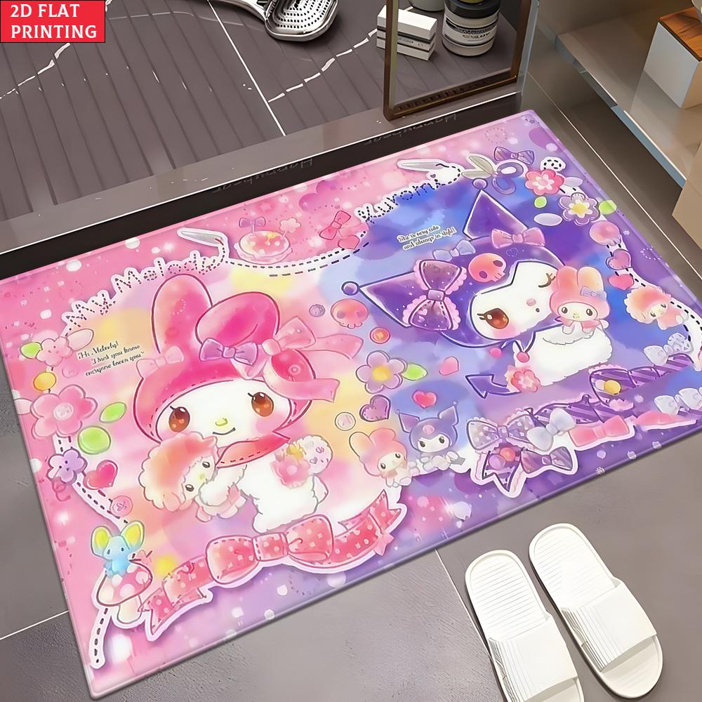 Kawaii Cute Cartoon Friends Doormat, 2D Print Non-slip Floor Mat, Pink Purple Flower Entrance Rug for Girls Bedroom Decor Gift