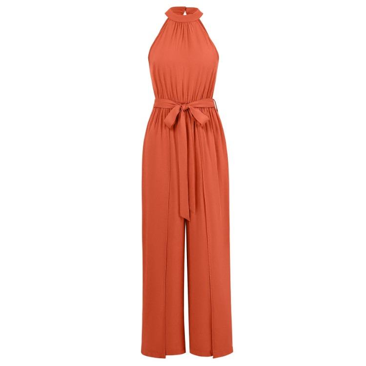 Summer Women Casual Sleeveless Halter Jumpsuit Loose High Waist Wide Leg Pants Solid Color Belt Jumpsuits Sizes S XL