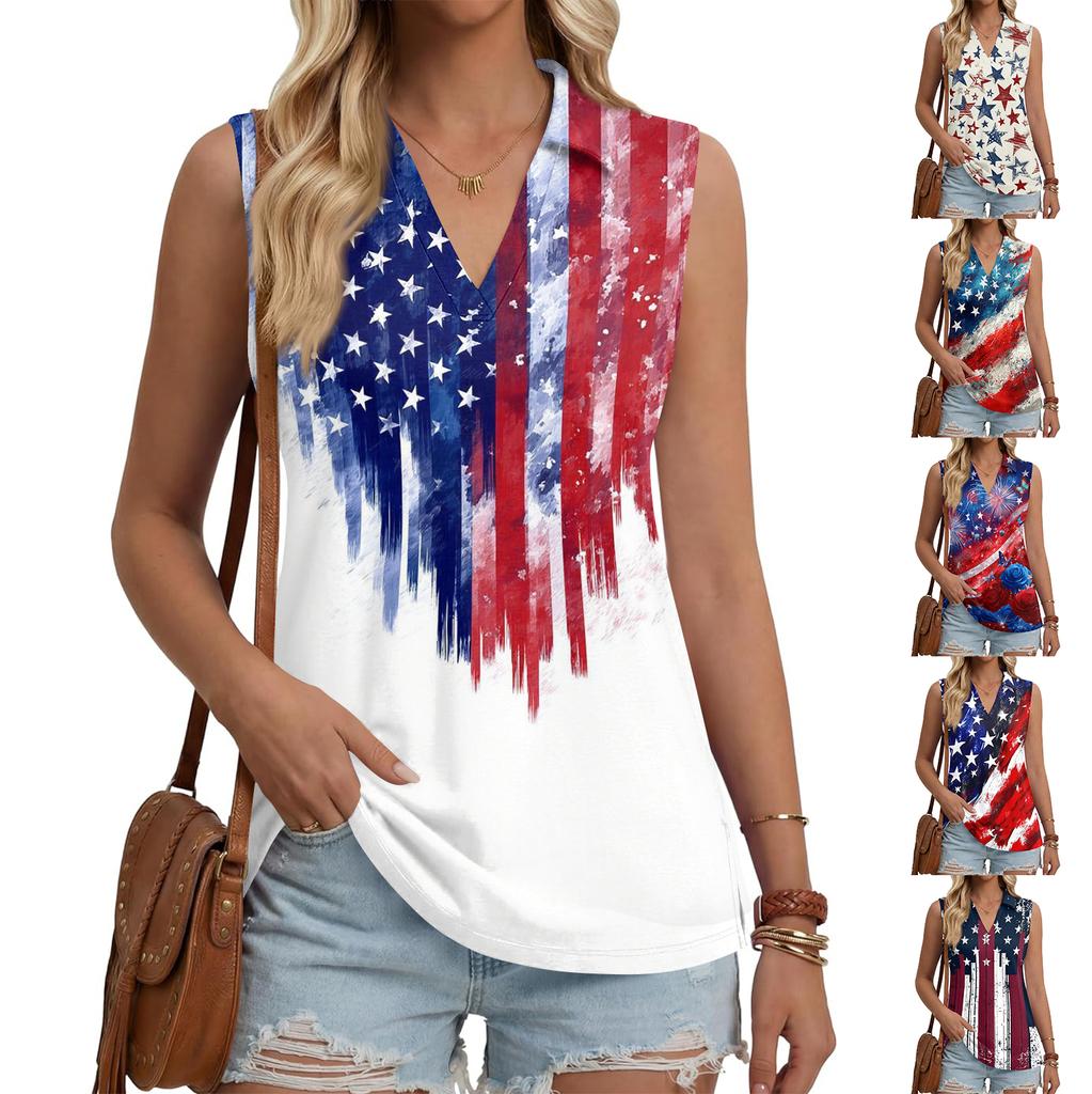 Women Sleeveless Button Front Vest Independence Day Print V Neck Collar Casual Fashion Tank Top