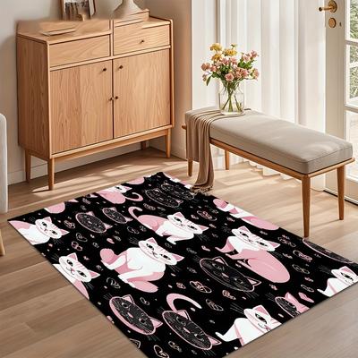 Soft Non-Slip Playful Pink and Black Cat Area Rug with Heart Accents On Black Background for Nursery Bedroom Living Room Decor