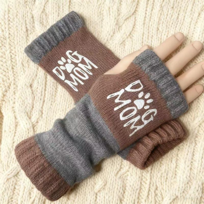 Gants en tricot sans doigts avec broderie de chat et patchwork, Gants décontractés ouverts aux doigts tendance pour femme, Mitaines chaudes d'hiver sans doigts