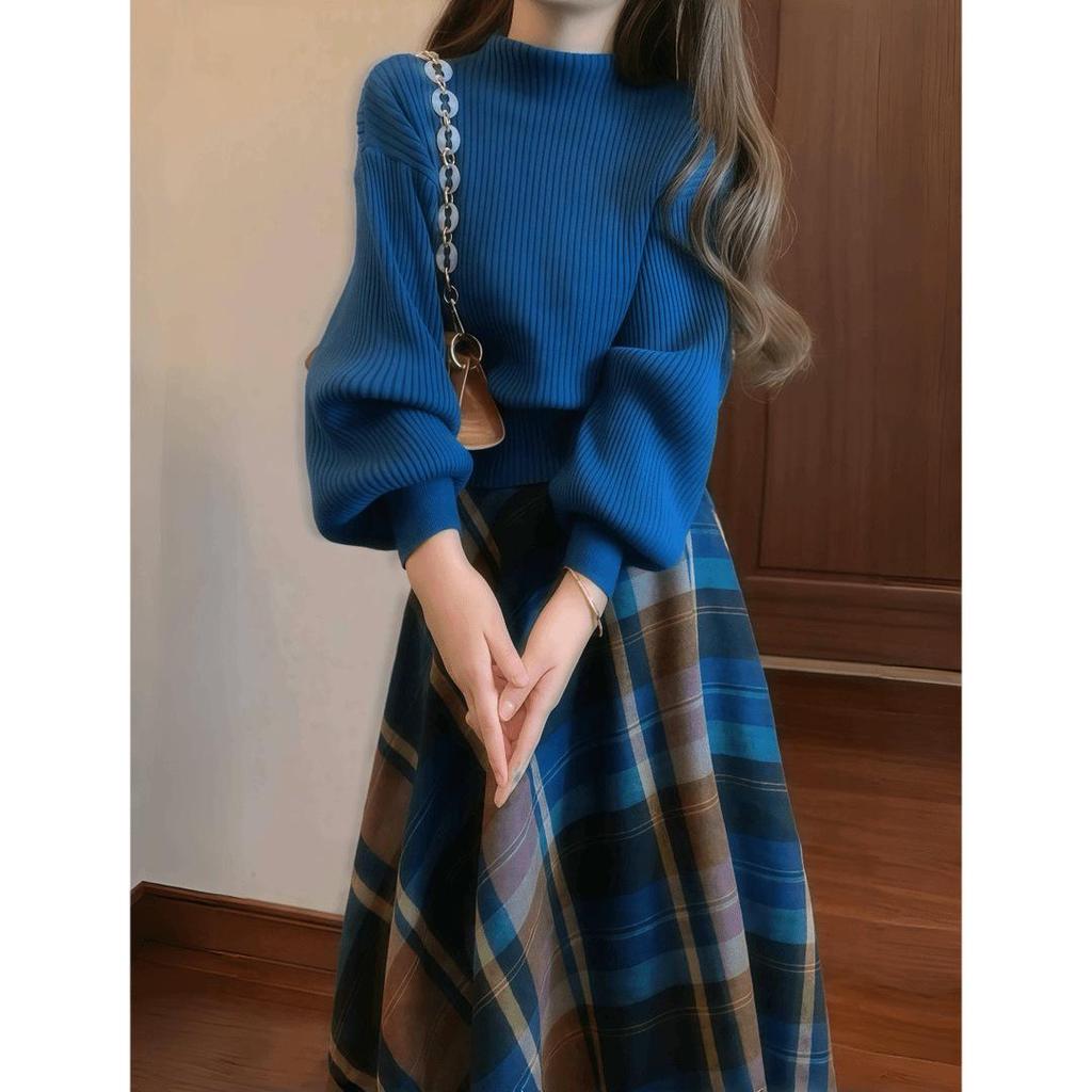 2025 Retro French Blue Knitted Sweater & Plaid Midi Skirt Set