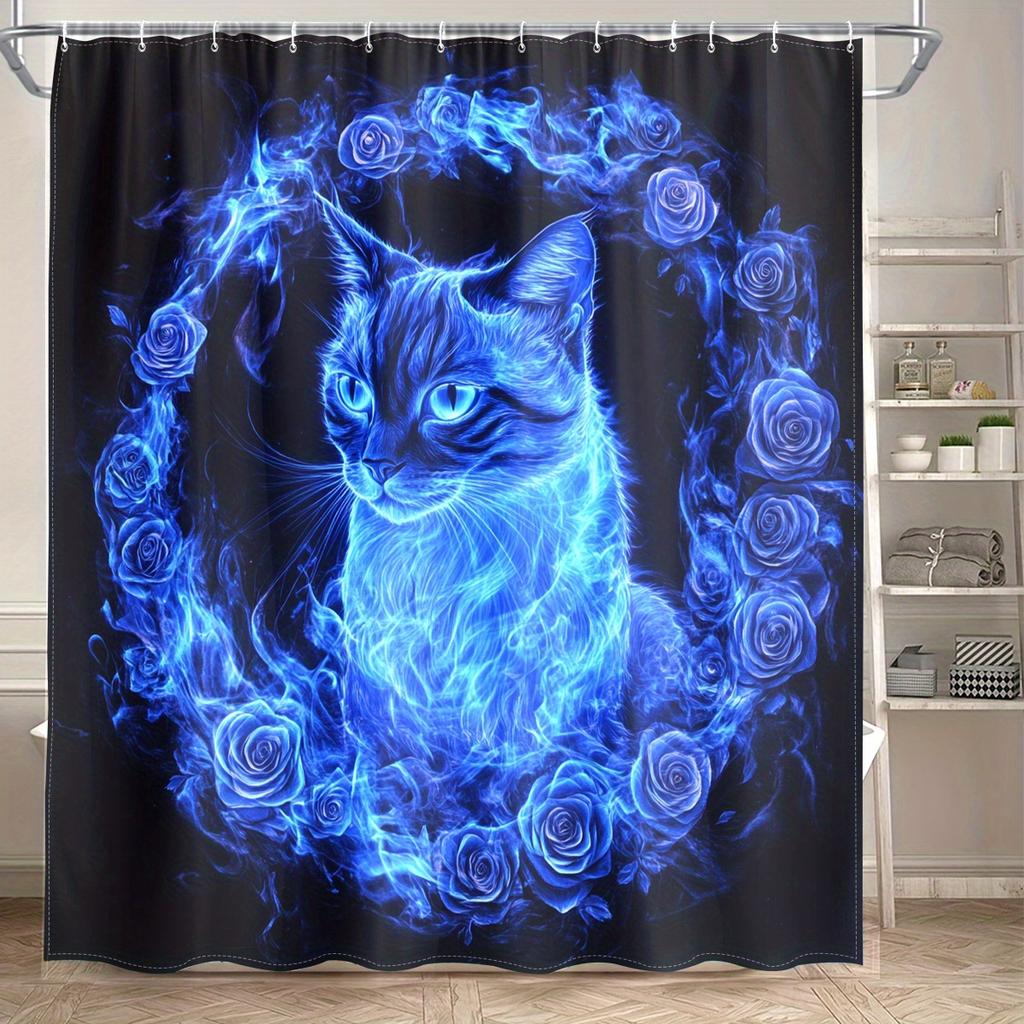 1Pc Whimsical Cat & Rose Digital Printed Shower Curtain - Vibrant Blue Polyester Fabric With Hooks, Stylish Bathroom Decor For