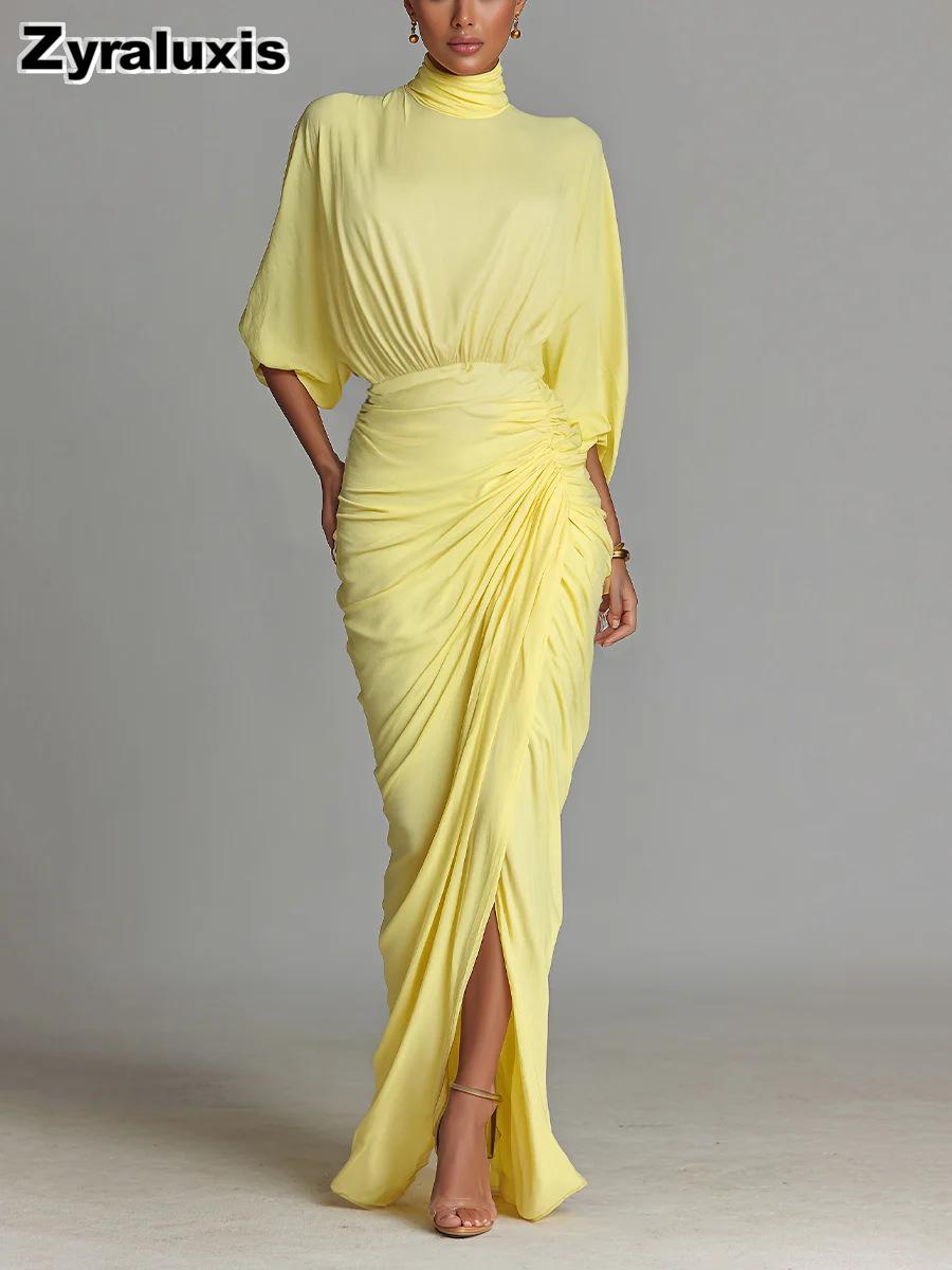 Women s Yellow Wrinkle Waist Ruched Elegant High Neck Long Sleeve Dress XXL