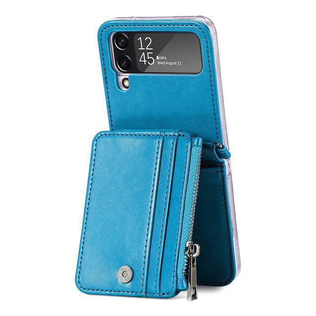 

Антибликовый кожаный чехол для Samsung Galaxy Z Flip 4 Flip4 Flip3 Flip 3 Zflip4 с отделением для карт и функцией кошелька, чехол для ремешка для телефона for Samsung Z Flip 4 синий