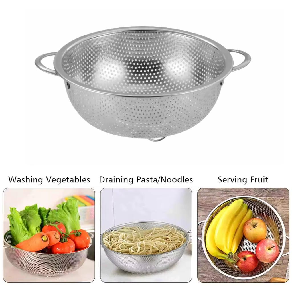 All Purpose Stainless Steel Fine Mesh Strainer Net Baskets with Handles Resting Base Colander Set Kitchen Supplies
