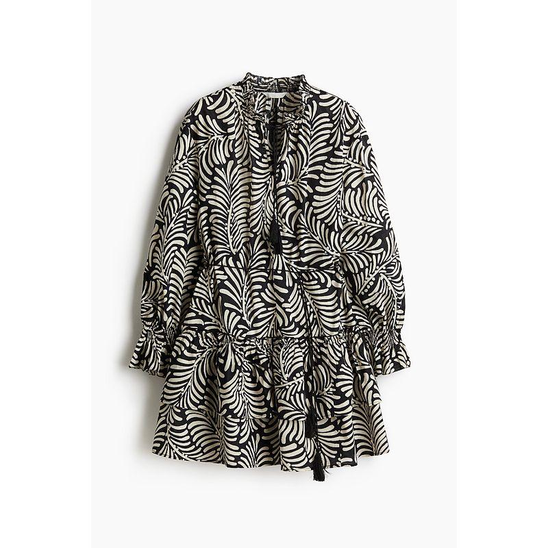 

HM Women s Clothing Dress 2025 Autumn New Arrival French Print Ruffles Long Sleeves Stylish Floral Skirt 1272818 Black/Cream Pattern 155/76