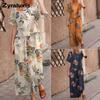 New Women's Printed Cotton Linen Floral Short Sleeve Casual Nine-Nine Pants Set Polyester