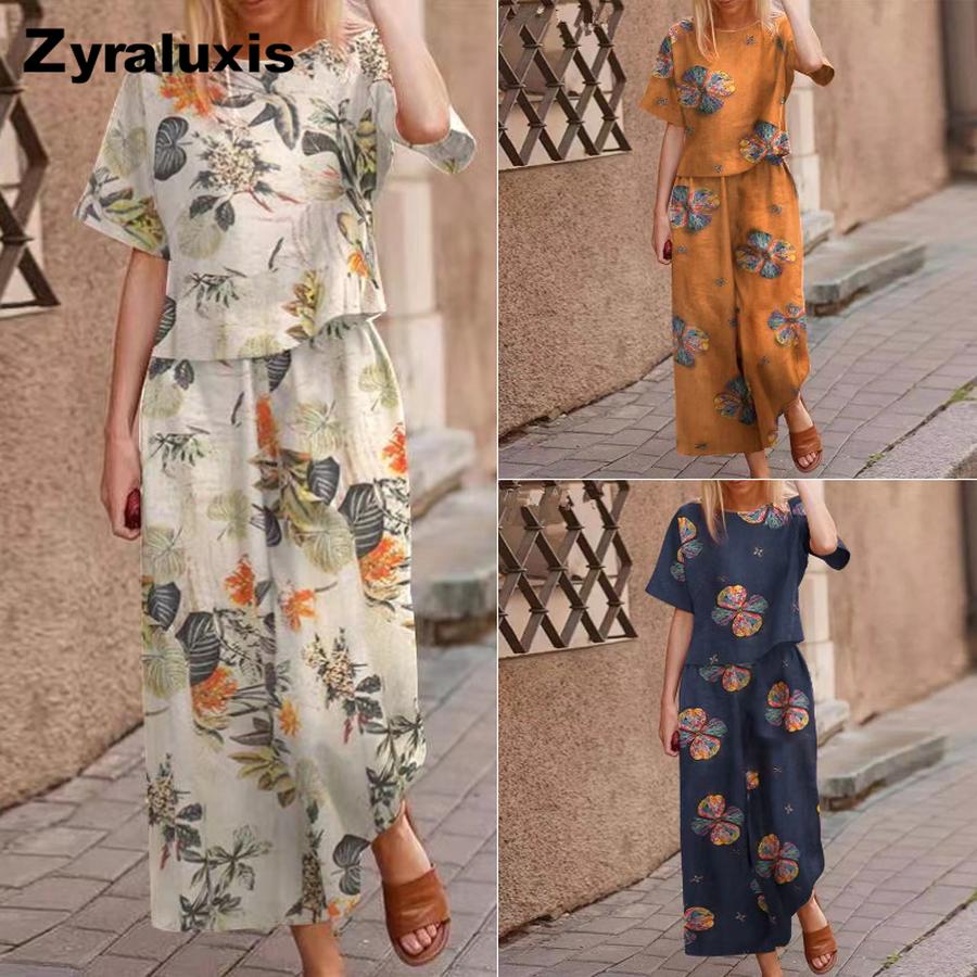 New Women's Printed Cotton Linen Floral Short Sleeve Casual Nine-Nine Pants Set Polyester
