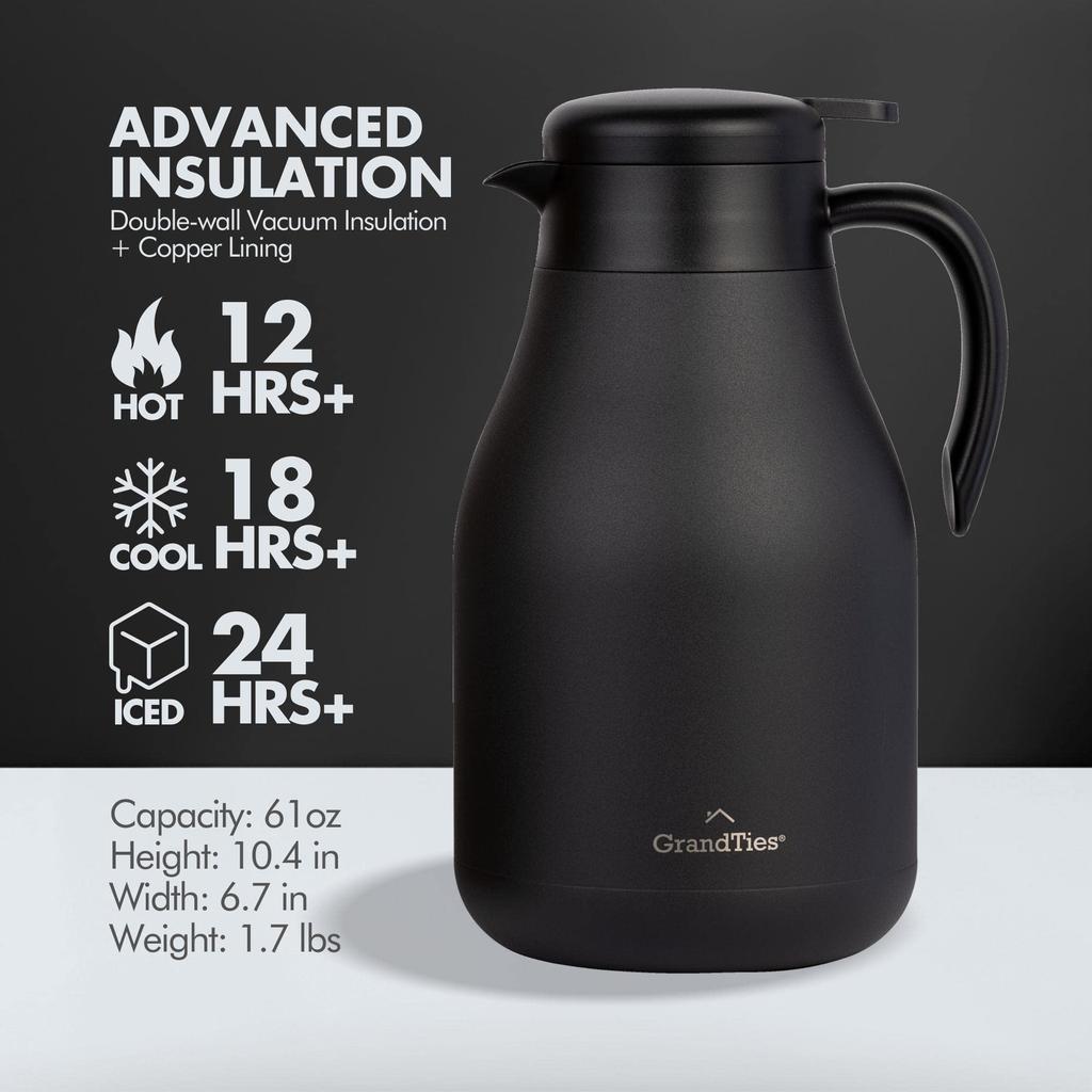 GrandTies 61 Stainless Steel Thermal Coffee Carafe - Insulated Double-Walled Vacuum Coffee Thermos, Coffee Pot, Hot Water Dispenser, 12-Hour Warmth