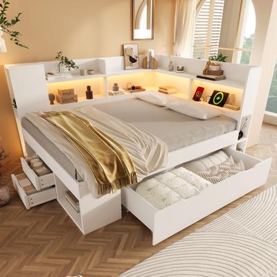 Tagesbett 140x200 cm Weiß Doppel-Gästebett, Holzwerkstoff, LED-Beleuchtung, USB- & Typ-C-Laden, Regale & Schubladen, inkl.. Lattenrost (ohne Matratze)