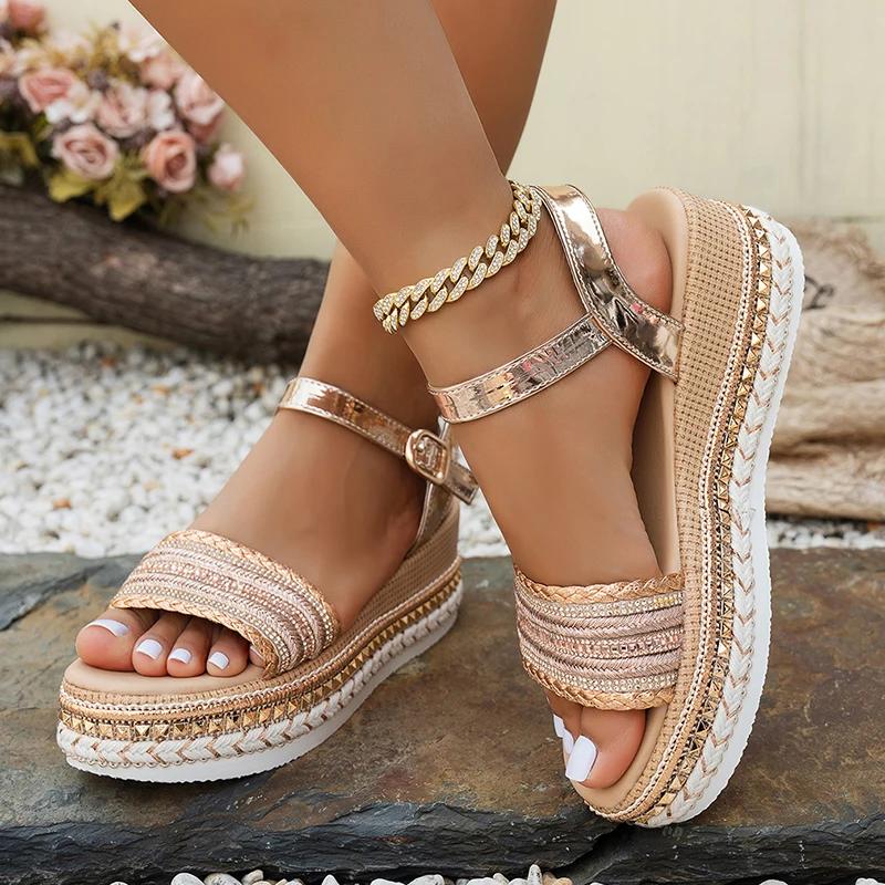 Fashion Women's Shoes Platform Wedgs Sandals Women Summer Woven Rivets Thick Bottom Sandles Woman Fashion Crystal Ankle Buckle Sandalias