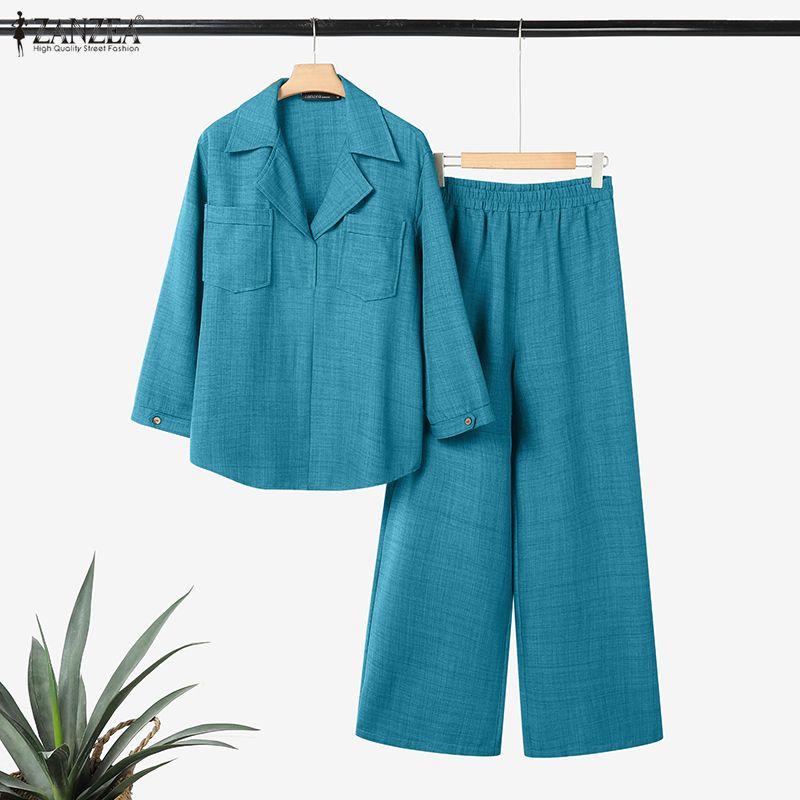 

ZANZEA 2 шт. Женские комплекты Рубашки с длинным рукавом и Длинные брюки Повседневные костюмы-двойки 2XL синий