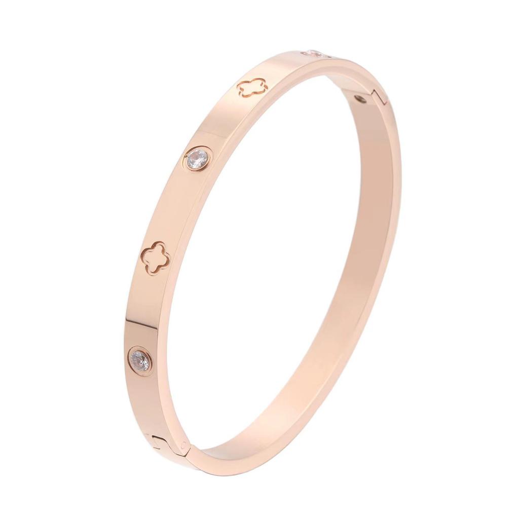 Four-Leaf Clover Women's Stainless Steel Bangle with Diamonds - Non-Fading Gold Titanium Steel Bracelet