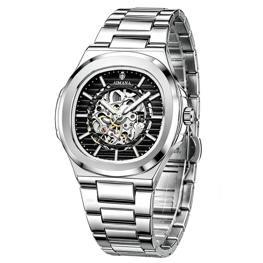 Skelett Automatische Mechanische Uhren Wasserdicht Leuchtende Zeiger Edelstahlarmband Luxus Dress-Armbanduhr für Herren