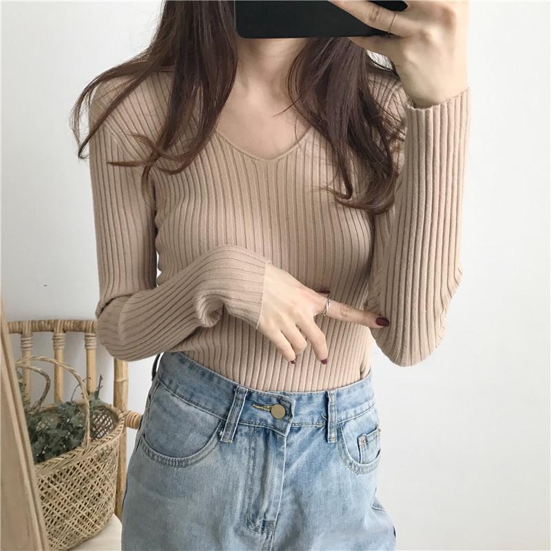 Herbst Neu Langarm V-Ausschnitt Pullover Basis Pullover Damen Winter Slim Fit Casual Strickpullover Damen Mode Kleidung Casual Uni Strickwaren 25285