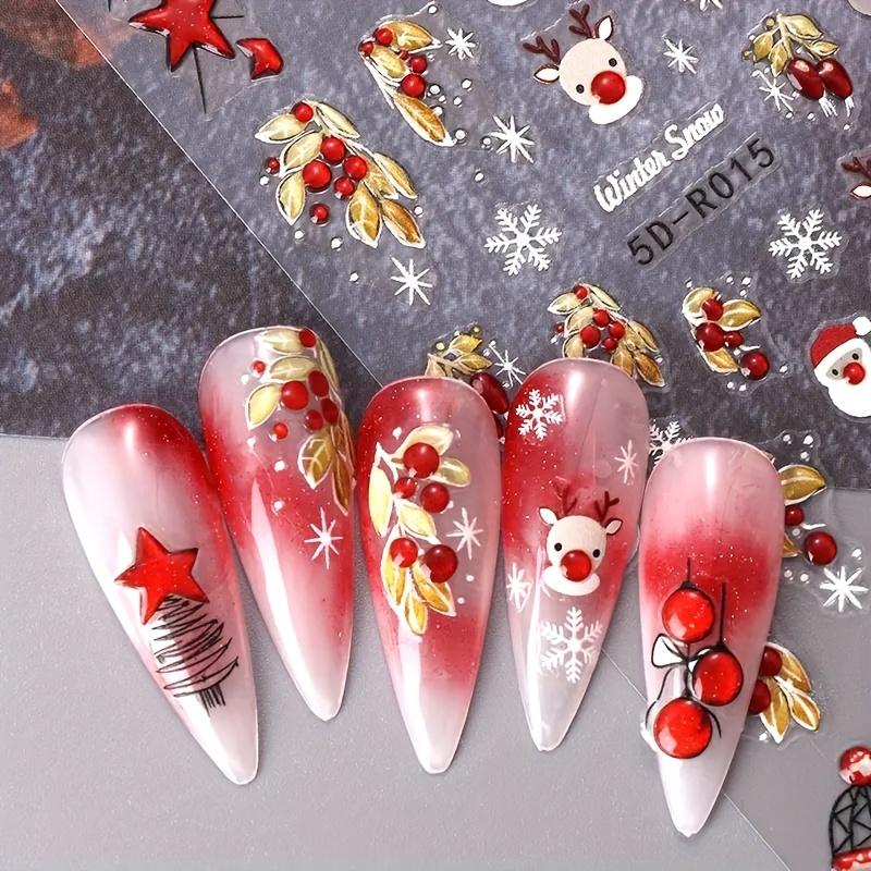 1 Sheet 5D Embossed Christmas Nail Art Stickers - Santa Claus, Reindeer, Neon Lights & Snowflakes Self-Adhesive Nail Decals