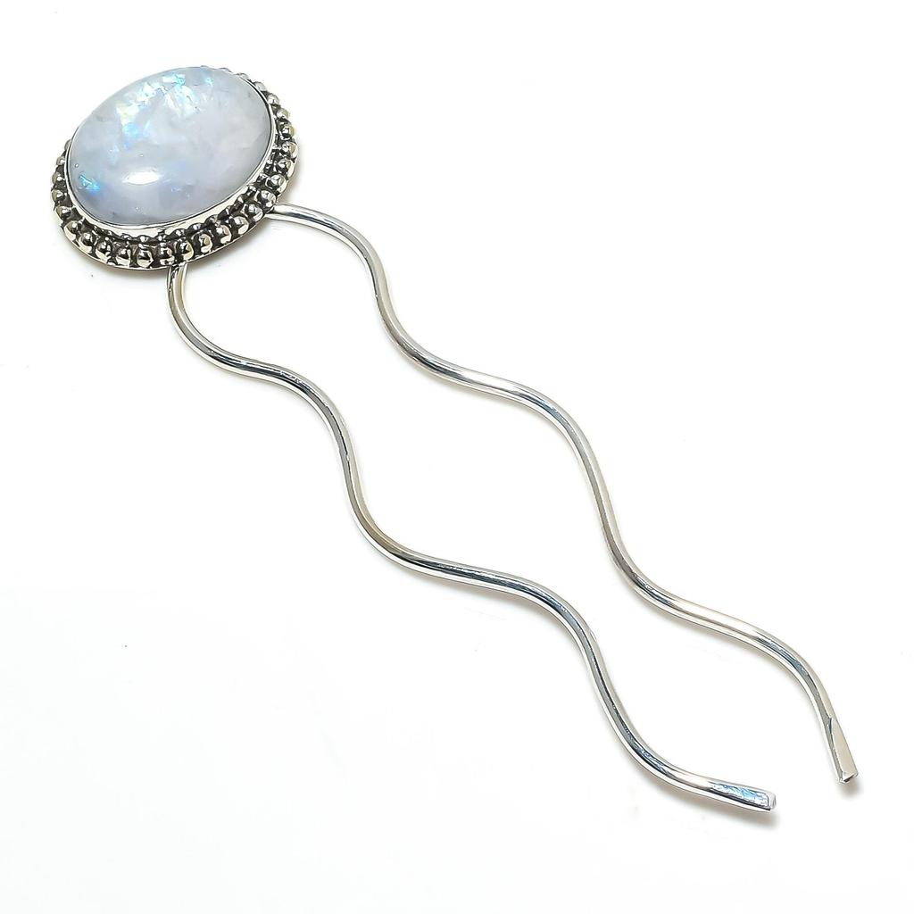 Moonstone Gemstone Handmade 925 Sterling Silver Hair Fork - Bridal Accessory, Hair Bun Holder for Thin and Thick Hair, Gifts For Her
