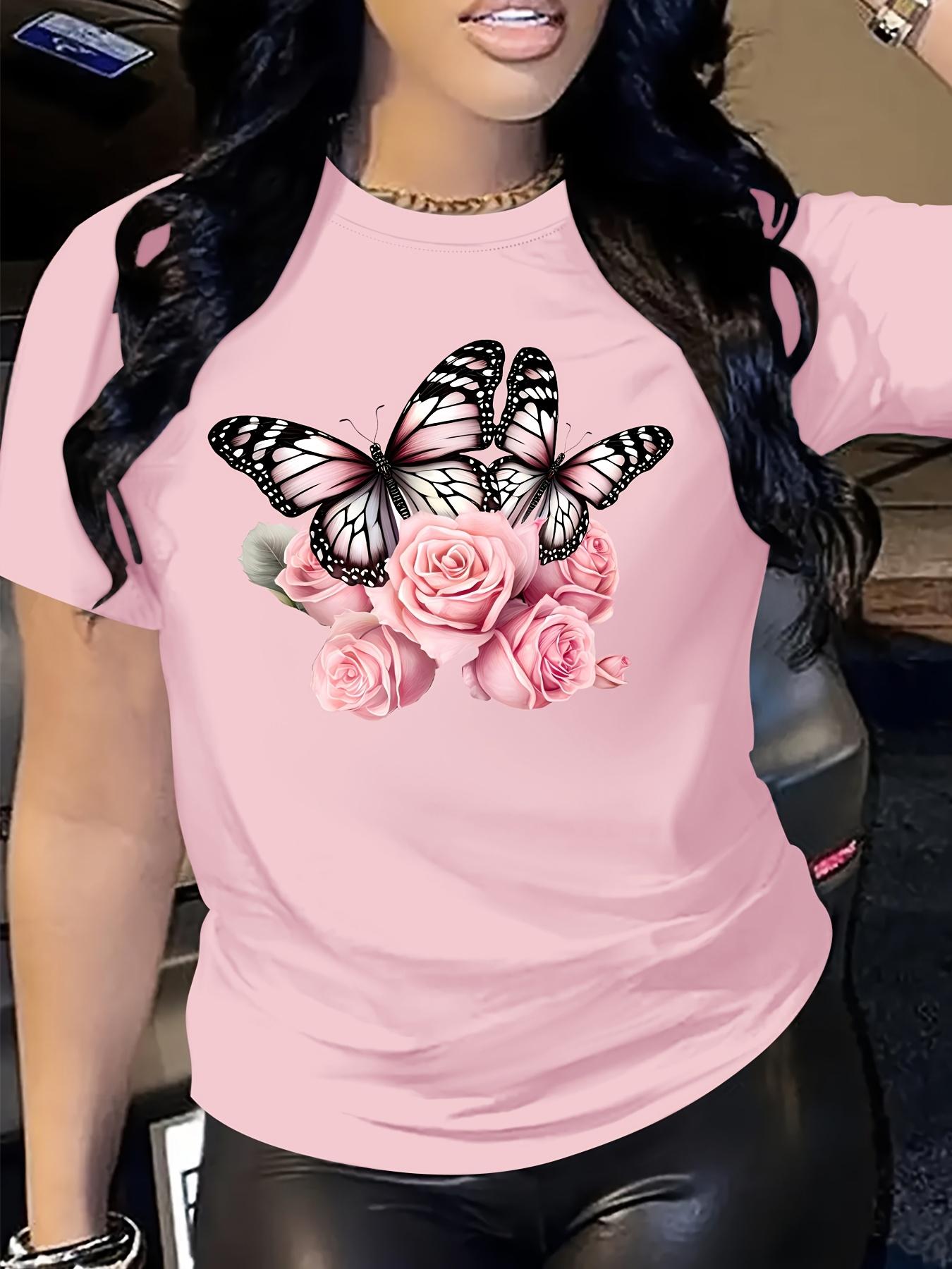 

Breathable Knit Fabric Style for Spring Summer - Regular Length Women S Butterfly & Roses Print T-Shirt Casual Short Sleeve 4XL