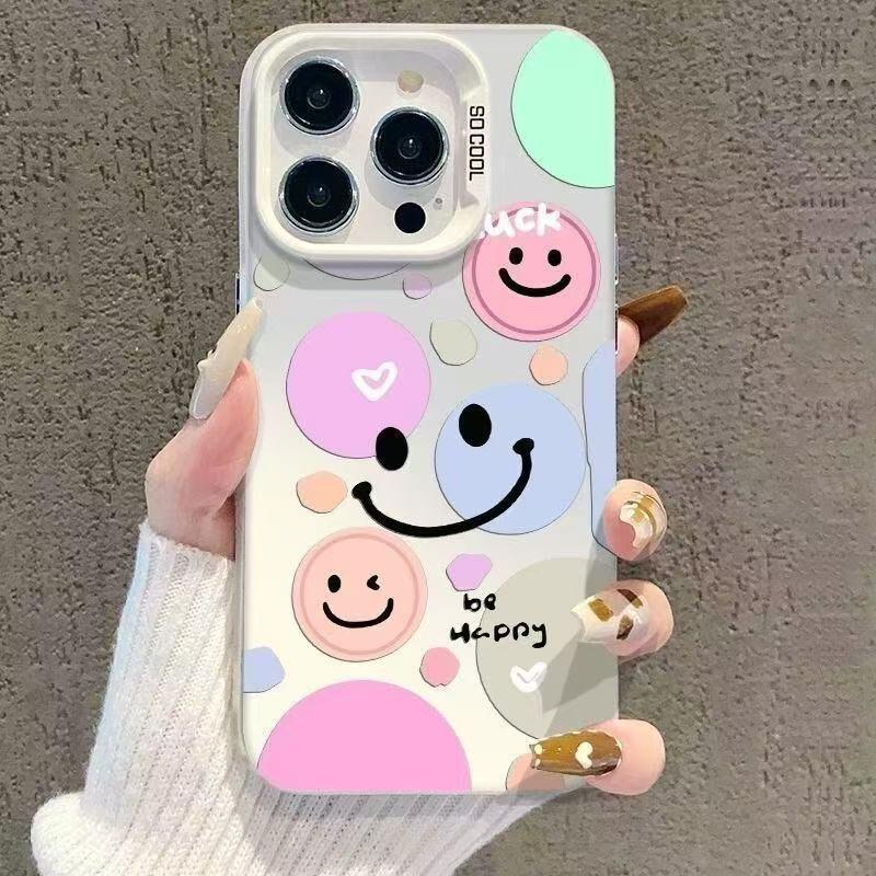 Colorful Smiling Face Phone Case for iPhone 12x-17, Drop-proof, Suitable for Apple 15 Pro, 16 Pro Max, Girly Design