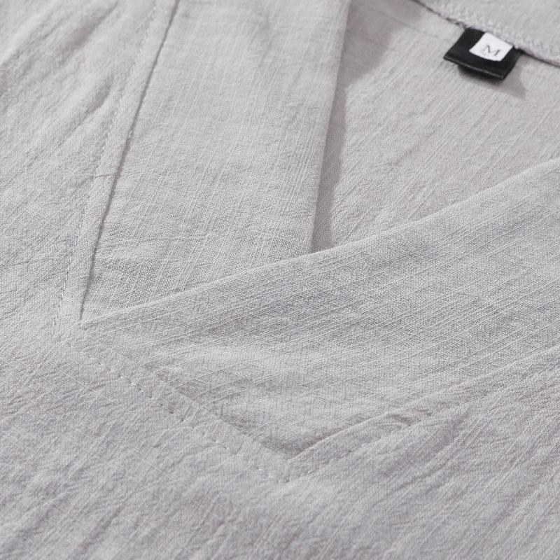 Mens Chinese Style Loose Cotton Linen Two Piece Set V Neck T Shirt Long Pants