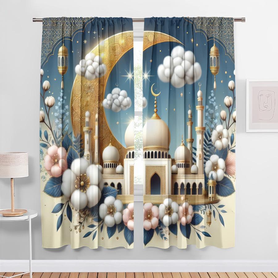 2PCS Blue Gold Cloud Flower Ramadan Theme Curtains   Gorgeous Style   Bedroom and Living Room   Drawbar Pocket Decorative Curtains