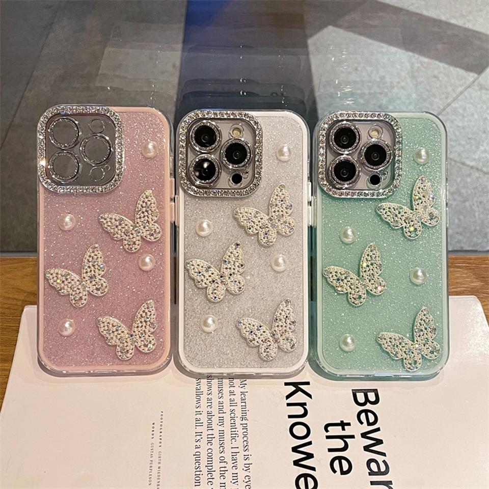 Bling Glitter Pearl Butterfly Silicone Phone Case For iPhone 16 15 14 13 12 11 Pro Max Plus Luxury Protector Shockproof Cover