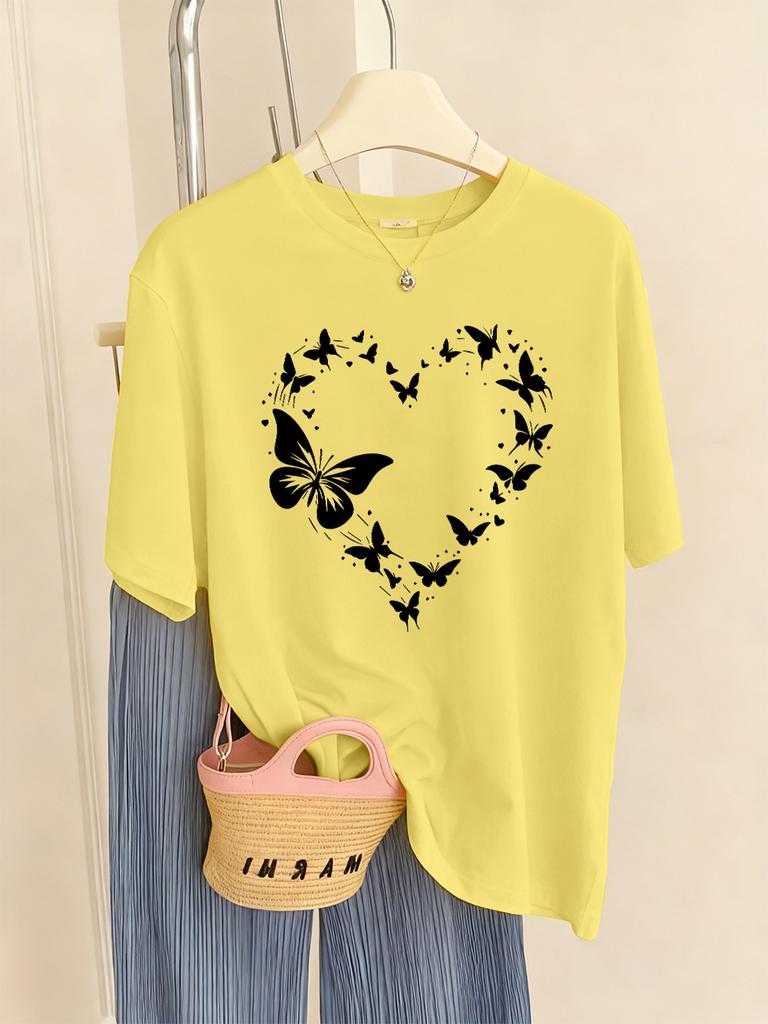 Schmetterling Herz Bedruckte T-Shirts Damen Lässig Weiche T-Shirts Locker Bequem Kurzarm Oberteile Sommer O-Ausschnitt Damen Kleidung