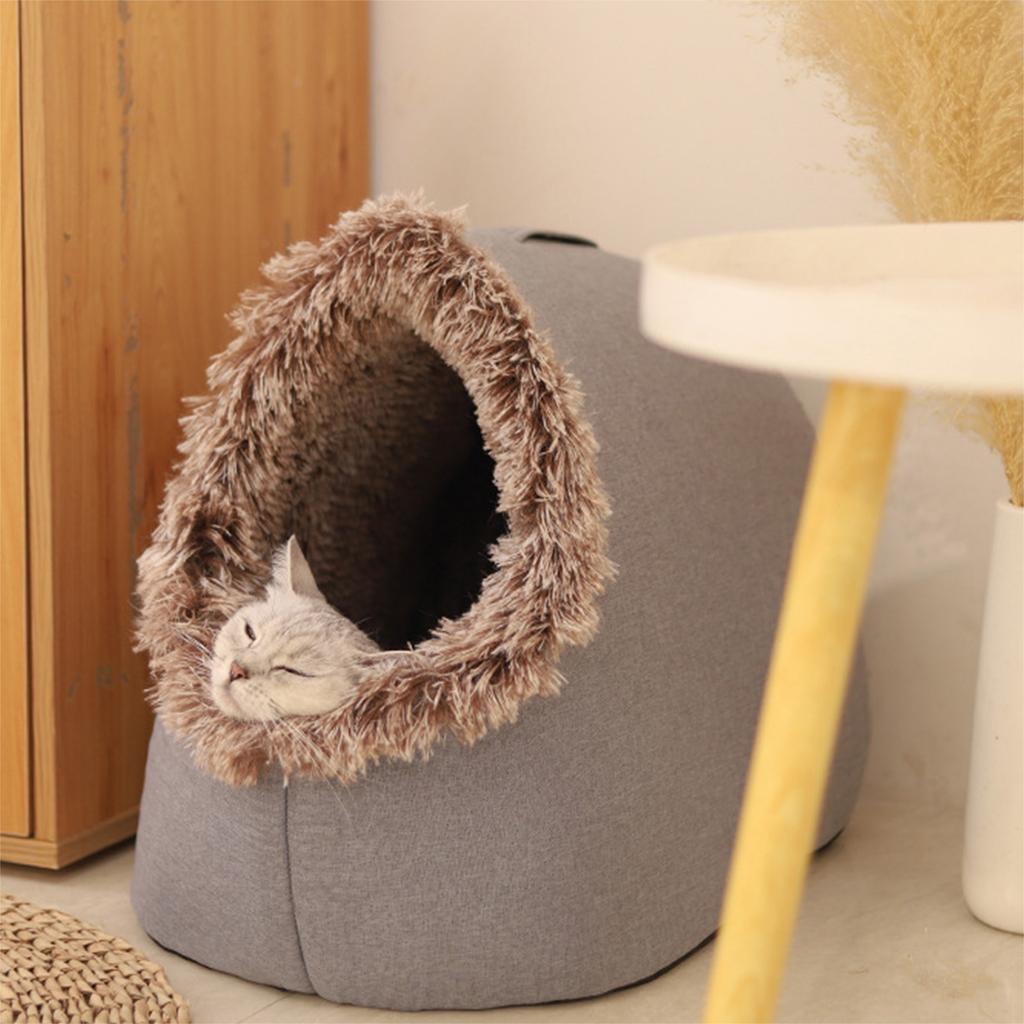 Cozy Enclosed Cat House Round Fluffy Warm Soft Plush Cozy Indoor Nest With Non-Slip Bottom for Indoor Cat Or Small Dog