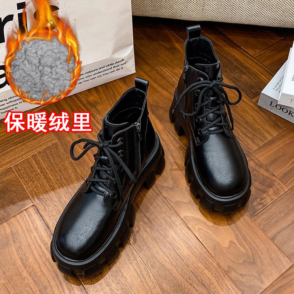 

Yuexinwang leather flat for Huizhou women s shoes grape mother same Martin boots black autumn and winter new thickened short boots women 40