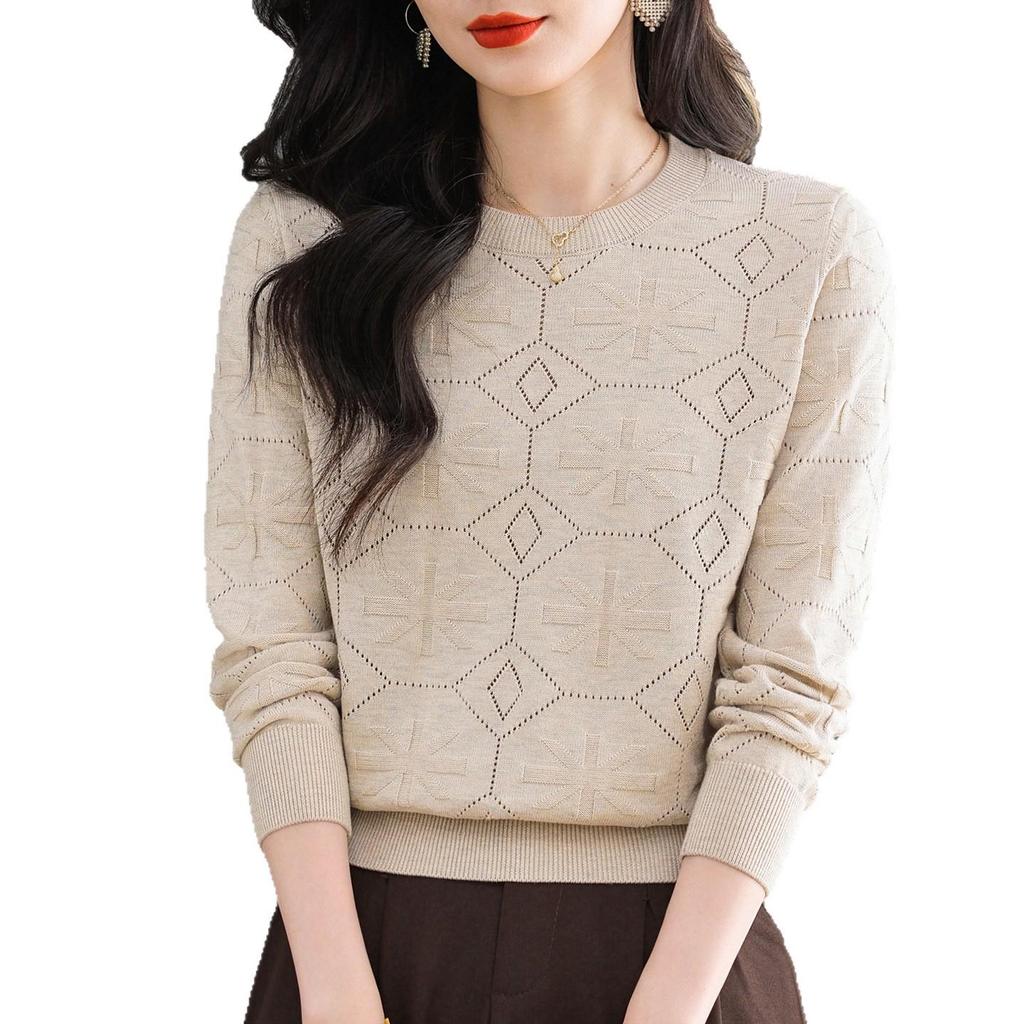 Women's Wine Red Versatile Round Neck Long Sleeve Knitted Sweater - Loose Fit and Slimming Fashionable Inner Wear