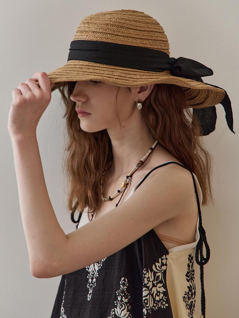 MAXZA Big Ribbon Wide Wire Raffia Floppy Hat