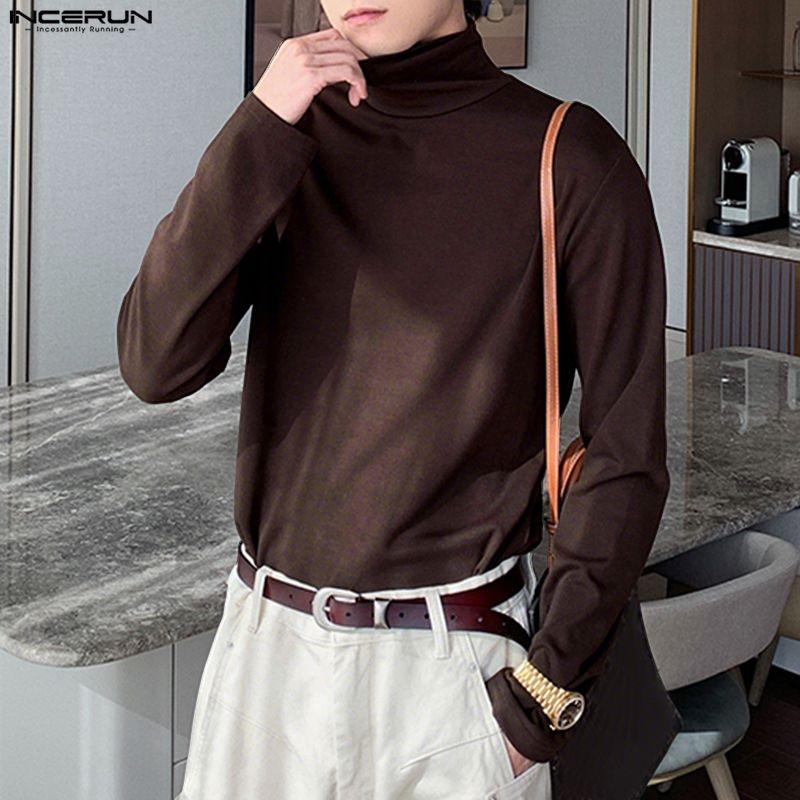 INCERUN Spring Autumn Men Solid Color High Collar Long Sleeve Fitted Tops Undershirts