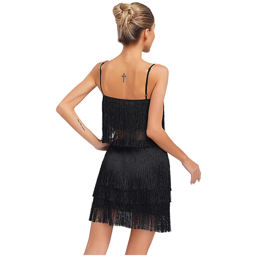 Womens 2 Piece Fringe Dance Set Adjustable Spaghetti Strap Crop Top Elastic Waist Tassel Skirt Club Party Costume