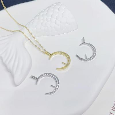 Copper Plated 18K Gold Crescent Moon Zircon Pearl Holder Necklace Pendant