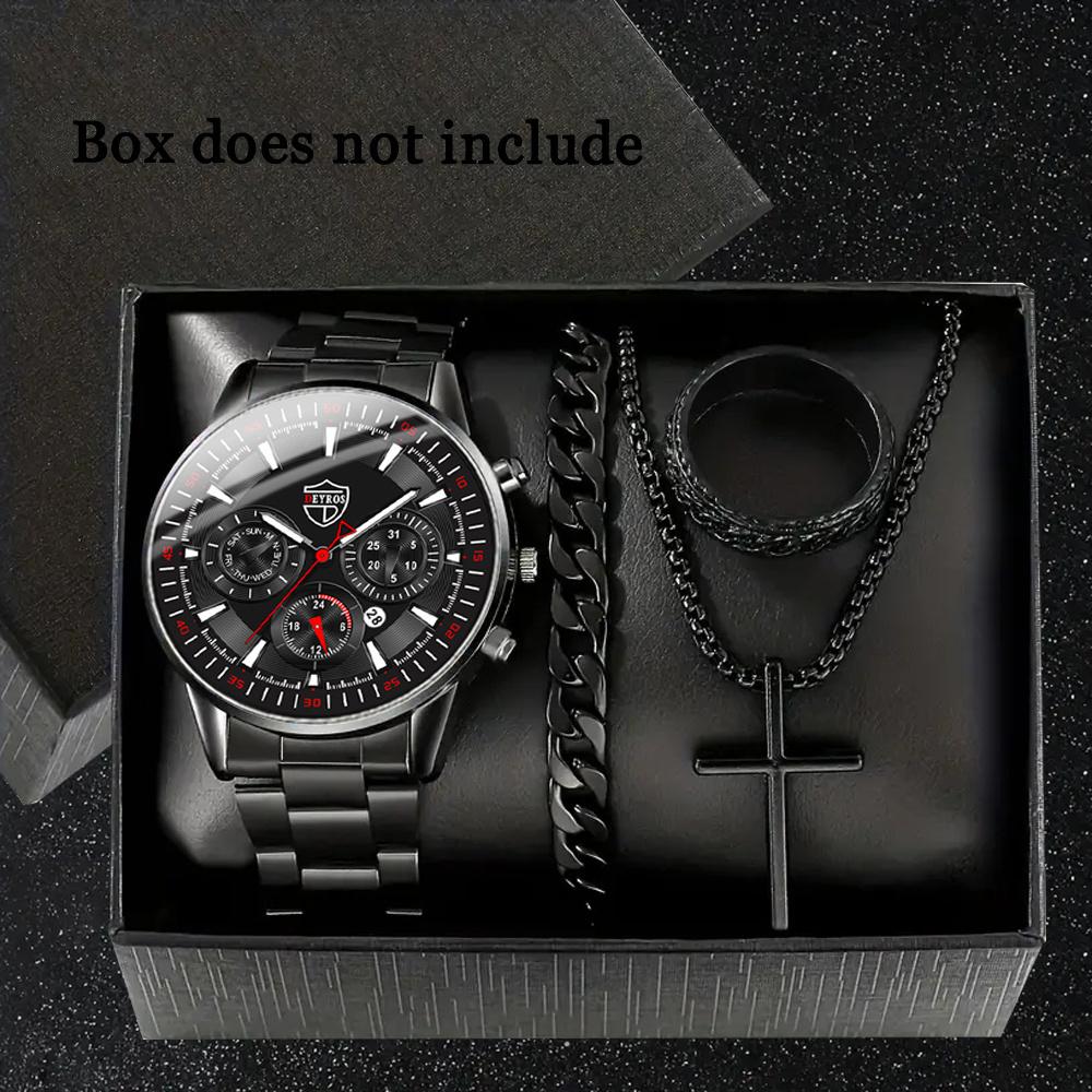Men's 4-Piece Fashion Watch Set with Quartz Movement: Alloy Case, Stainless Steel Strap, Date Feature, Includes Watch, Bracelet, Cross Necklace, Ring