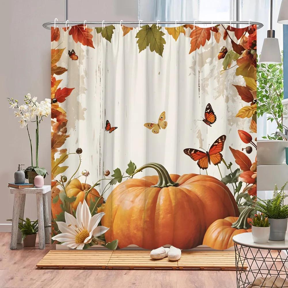 Autumn Scenic Shower Curtain Fall Pumpkin Farm Thanksgiving Butterfly Flower Leaf Barn Polyester Fabric Bathroom Decor Curtains