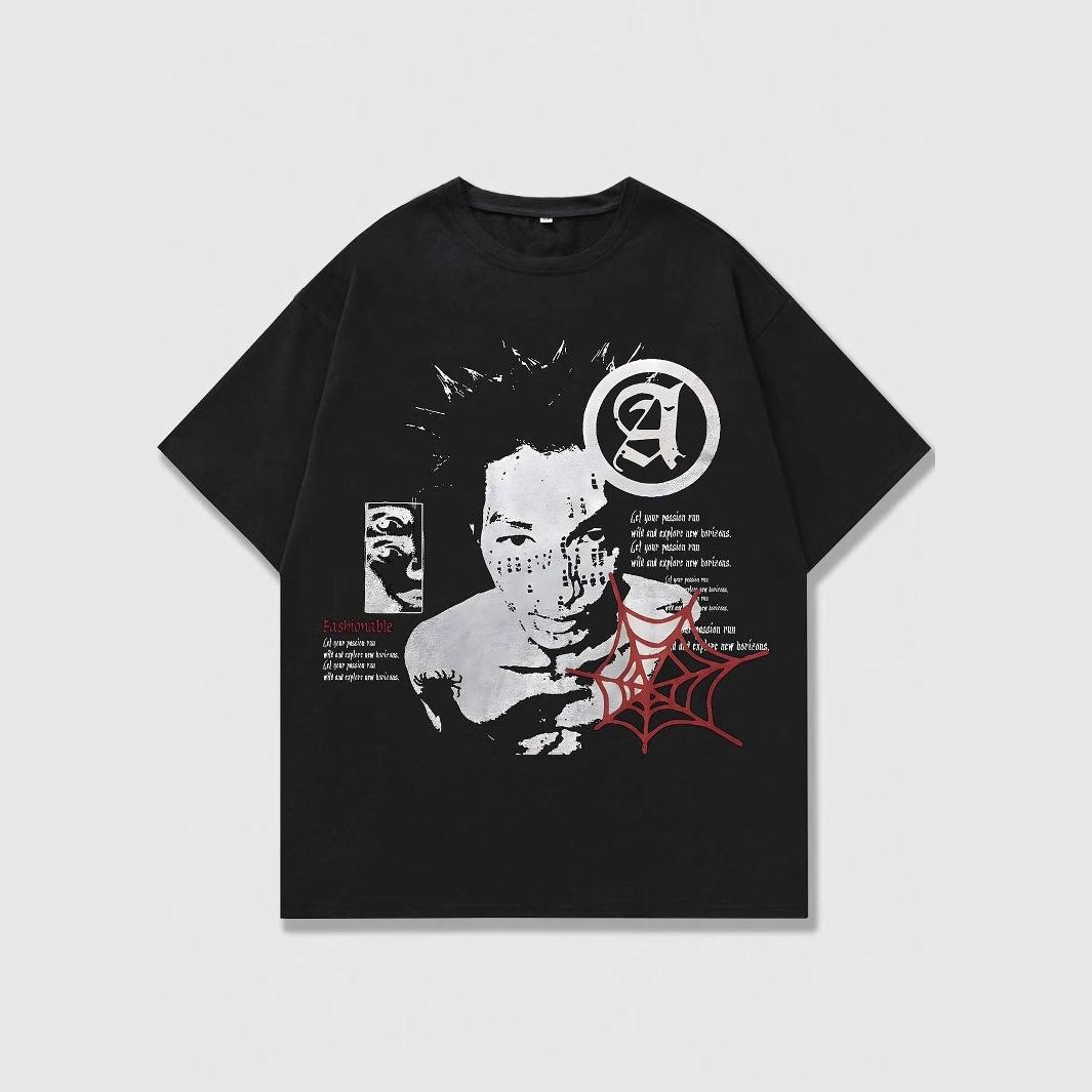 

Vintage Portrait Letter Print Fashion Hip Hop Short Sleeve Cotton T-Shirt Street 5XL чёрный