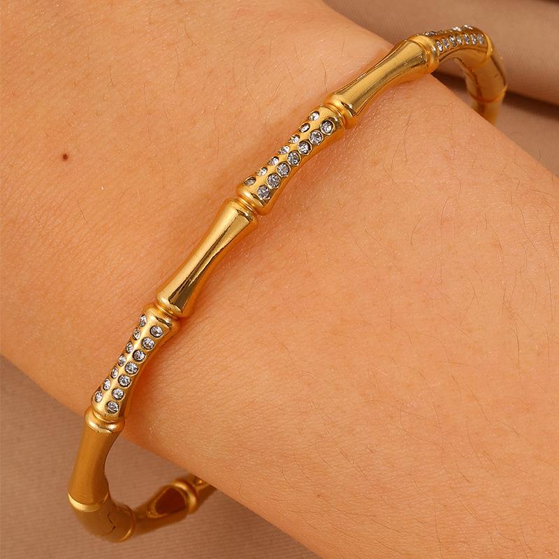Stainless steel bracelet with real gold plating, bamboo design, diamond inlay, women's European and American fashion, non-fading plating18K Gold