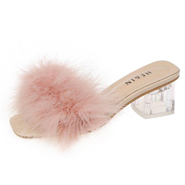 2025 Fluffy Peep Toe Sexy High Heels Women Shoes Fur Feather Lady Fashion Wedding Slip-On Pink Square Toe Women Sandals